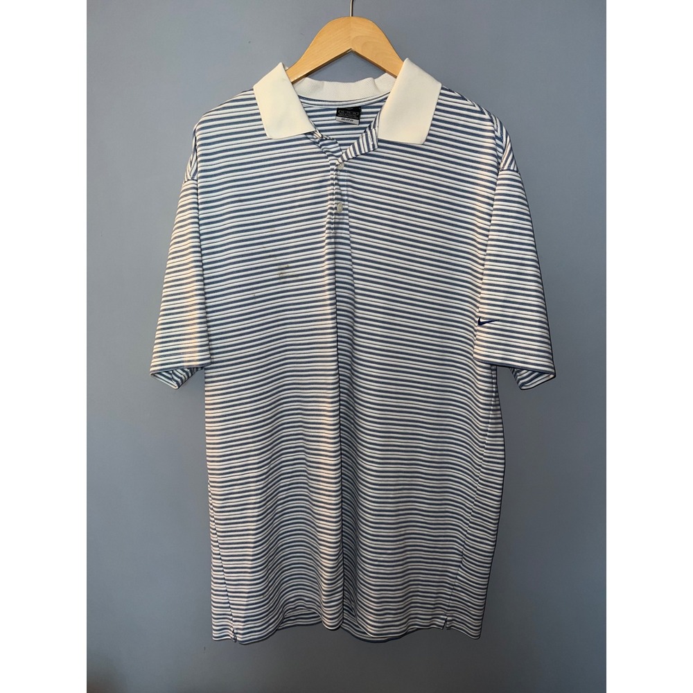 Nike Golf Mens XXL Blue White Striped Dri-FIT UV Short Sleeve Polo Shirt